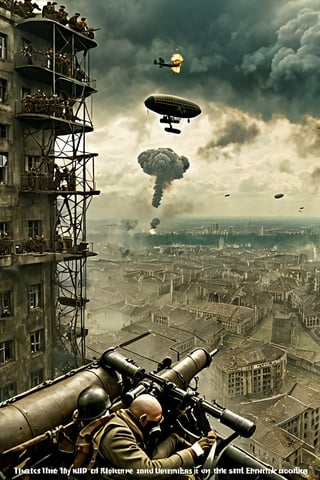 8K, UHD, panaromic perspective, photo-realistic, cinematic, german soldiers shooting machineguns at sky, first-person-view from top of building, photo of many german steampunk blimps in sky, many fighter aircrafts, volumetric cinematic dark light, vintage tinted, dystopian lighting, masterpiece, dark clouds, world war 1, perfect composition, pilot with gas mask in blimp, dystopian skies, old photograph colour, war scene, battle, nazi soldier, tall building, devastation below, demolished buildings, multiple explosions, bombs dropping