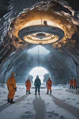 8K, UHD, wide-angle perspective, photo-realistic, cinematic, dystopian misty skies, portrait of explorers and scientists in winter suit, antarctica secret research base, overlooking underworld high ceiling cave with grounded giant UFO craft, strange reflective sky mirroring alternate universe,  secret undiscovered world, 