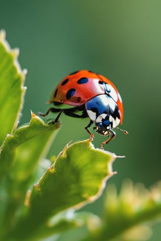 8K, UHD, super macro shot, ultra clear subject,   photo-realistic (ladybug opening it's wings on plant:1.2) dramatic crop, ƒ/0.8, depth_of_field, 1/2000 shutter speed, super detailed, focus on eyes, insane details, blur background, magnification ratio of 1:20