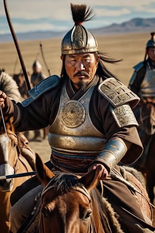 8K, UHD, panaromic shot, photo-realistic, cinematic, dark light, dystopian lighting, photo of ancient mongolians, old man, multiple mongol warriors, tanned skin, perfect composition, detailed intricate ancient mongolian fashion, fighters shooting bows and arrows, swords, war scene, battle, detailed patterned headwear, fur, riding horses, sand volumetric, masterpiece, military tents, charging on horses, gobi desert.