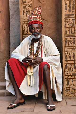 8K, UHD, portrait, full_body perspective, photo-realistic, cinematic, photo of ancient ethopia old man play music instruments, 800 BCE, dark skin, perfect composition, beautiful detailed intricate ancient Lalibela style fashion, detailed patterned fabric headwear, stone jewelry, perfect light, masterpiece, extravagant city of Aksum palace, stone churches, Sabean architecture, obelisk with carvings, Aksumite Civilizations, sheeps