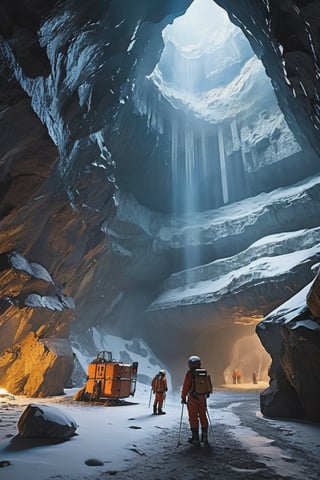 8K, UHD, wide-angle perspective, photo-realistic, cinematic, dystopian misty skies, antarctica secret snow base, 5-storey tall futuristic time capsule, explorers and scientists in winter suit standing in massive underground cave, underworld filled with ancient technology, reflective sky mirroring the actual world on the ground, center of the earth, creepy caves, secret undiscovered world, experimental excavation equipments, prehistorical mystery creatures