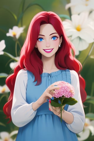 woman in a pink smock holding a flower in her teeth and to hold it, she's smiling, 1girl, solo, long hair, flower, realistic, red hair, looking at viewer, nail polish, blue eyes, LowKeyLights, 