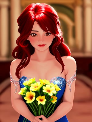 a closeup picture of a woman having a flower bouquet in front of her, 1girl, solo, flower, long hair, blurry, red hair, blurry background, bouquet, holding, upper body