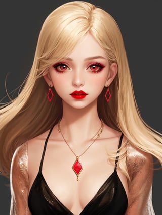 the girl has a little bit of makeup on her face and her hair looks real, 1girl, solo, jewelry, earrings, looking at viewer, necklace, parted lips, simple background, red lips