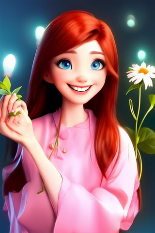 woman in a pink smock holding a flower in her teeth and to hold it, she's smiling, 1girl, solo, long hair, flower, realistic, red hair, looking at viewer, nail polish, blue eyes, LowKeyLights, 