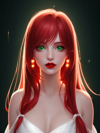 an illustration of a red haired woman with sparkling lights on her face, 1girl, solo, long hair, red hair, red lips, looking at viewer, lips, green eyes