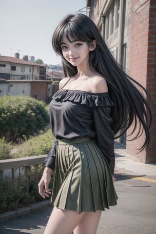 masterpiece, best quality, absurdres, perfect antomy, 1girl, solo, SMMars, very long hair, parted bangs, 1990s \(style\), standing, smile, cowboy shot, pleated skirt, black skirt, off-shoulder shirt