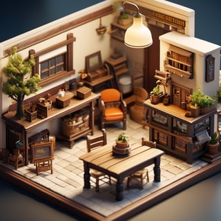 8k, RAW photos, top quality, masterpiece: 1.3), Western cowboy town 1978s , miniature, landscape, depth of field, ladder, table, from above, English text, chair, lamp, coffee, architecture, tree, potted plants, isometric style, simple background, white background,3d isometric