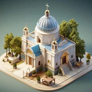 8k, RAW photos, top quality, masterpiece: 1.3), Saint Sophia Cathedral , miniature, landscape, depth of field, ladder, table, from above, English text, chair, lamp, coffee, architecture, tree, potted plants, isometric style, simple background, white background,3d isometric