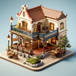 8k, RAW photos, top quality, masterpiece: 1.3),
 "Disneyland Western Frontier architecture, U.S.A.
, miniature, landscape, depth of field, ladder, table, from above, English text, chair, lamp, coffee, architecture, tree, potted plants, isometric style, simple background, white background,3d isometric