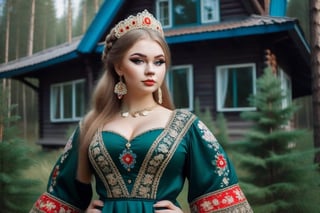 A very beautiful 18 year old russian woman, with a lot of makeup and very beautiful,very fat, big breasts, big ass, big butt, very sexy and hot,full body,It stands on the side of a luxury house in a beautiful evergreen forest in Russia.
Wearing a very beautiful traditional Russian dress