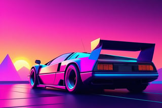 Retro futuristic back side view 80s supercar on trendy synthwave, vaporwave, cyberpunk sunset background. Back to 80's concept.