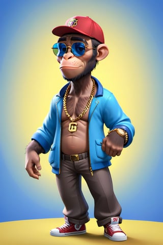 Create a 3D ape character in a blue portrait background, NFT ape, ape wearing stylish and expensive clothes, wears expensive chain, wears sunglasses, wears hat. Gta cartoon style, full image, disney pixar style