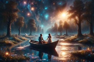 Generate an image of a couple sailing in a paper boat along a river of stars flowing through an enchanted forest, with trees that glow with magical light. Use a palette of soft and bright colors for a dreamy atmosphere.,scenery,glitter