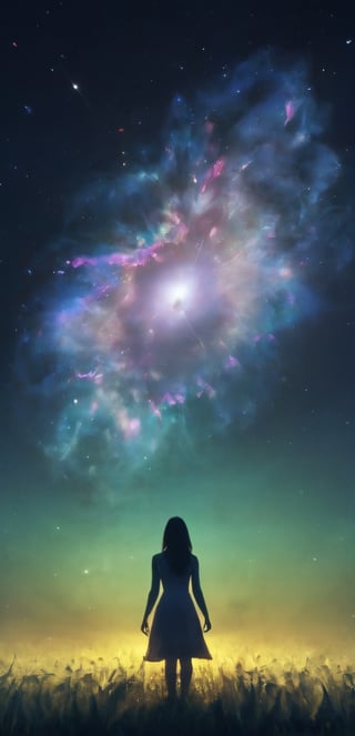 A close up fantastic image of a woman's outline containing the entire galaxy inside of her, as she stands in a field in northern light at midnight, a soft aura surrounding her Full ,hd more details, realistic 