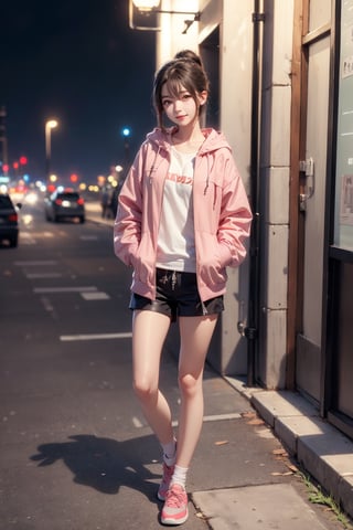 (RAW photo, best quality), (realistic),photo, masterpiece, 1girl,  ponytail, looking at viewer, hoodies, jacket, shorts, at night outdoor, harbor, street, full body, (light smile:0.7),blush, long shot,photorealistic,