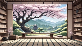 A study room designed in the wabi-sabi aesthetic, featuring extensive bookshelves and a large scenic view of a Japanese garden with cherry blossoms in full bloom. This setting is depicted in the soft and gentle anime style reminiscent of manga artist Midorikawa Yuki, emphasizing gentle and soft colors. The room combines the beauty of imperfection and the simplicity of the wabi-sabi philosophy with the serene beauty of the cherry-blossom-filled garden, aiming for a serene and contemplative atmosphere. The composition is designed for a 16:9 aspect ratio, capturing the essence of a peaceful study environment influenced by both traditional Japanese aesthetics and Midorikawa Yuki's style.