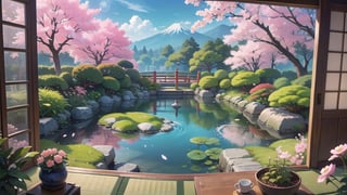 A Japanese room with a large scenic view of a Japanese garden with cherry blossoms in full bloom.