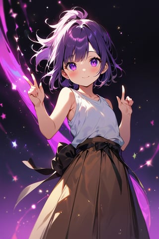 stand upright, score_7, score_6_up, score_5_up, score_4_up, (Brown fanny pack), (Focus on White sleeveless short T-shirt :1.5), (Focus brown skirt: 1.5), black belt, highres, detailed eyes, extremely detailed hair, Ultra-detail,highres, best quality, cinematic lighting, (purple short hair), tie up hair, ((short front ponytail)), ((purple eyes)), (Beautiful iris with high precision , masterpiece, glitter, Realistic Purple Eyes), brown shoes, cute innocent smile, high contrast, high_res 8K, ((1girl standing)), best quality, extremely detailed, (illustration , official art:1.1), 10 years old, blush, cute face, masterpiece, best quality, Amazing, beautiful detailed eyes, (( little delicate girl)), tarem, (true beautiful:1.2), sense of depth, affectionate smile, (true beautiful:1.2), (tiny 1girl model:1.2), (flat chest), full body, cute face, best quality,  ((simple background)), V sign with both hands, whole body