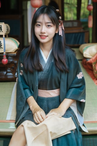 Masterpiece, beautiful details, perfect focus, uniform 8K wallpaper, high resolution, exquisite texture in every detail, 1 girl, solo, (Hina: 1.5), long hair, looking at viewer, smile, brown hair, luxurious hair ornament, holding, sitting, blue eyes, Japanese clothes, indoors, (wide sleeves), kimono, flower petals , watermark, cherry blossoms, hand fan, (Japanese fan: 1.5), (Japanese festival, Hinamatsuri: 1.5), (Japanese kimono, Juni-Hitoe: 1.5), pastel,perfect light,realistic,hk_girl,aika-sawaguchi