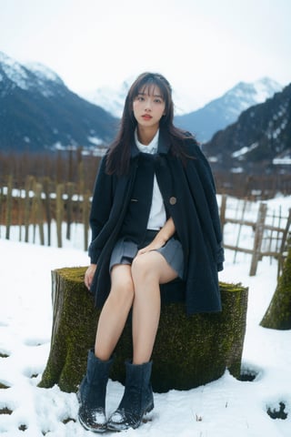 cute girl, long hair, grey winter coat fashion, black short skirt, boots, Sitting cross-legged on wood log, switzerland, snowy mountains background, blue sky, 4K, ultra HD, RAW photo, realistic, masterpiece, best quality, beautiful skin, white skin, 50mm, medium full shot, outdoor, full body, photography, Portrait, ,chinatsumura, high fashion,hk_girl,aika-sawaguchi