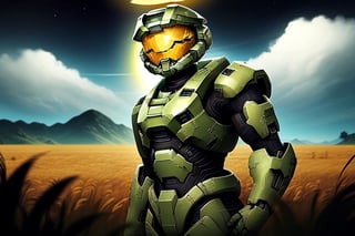 halo:_combat_evolved, masterchief, in field, planet on horizon