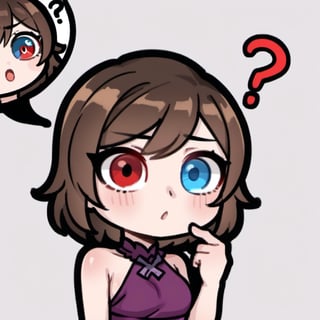 facial_expressions, ((questioning facial expression)) ,high quality, high resolution, highly detailed face, white background, chibi, 1 girl, solo, cute face, kawaii, sexy, twitch, loli, (((sideway))), twitch, ((short dark brown hair)), ((heterochromia)), ((blue eyes, red eyes)), ((purple dress)), ((text box in the background saying a big question mark)), ((black question mark)), :s