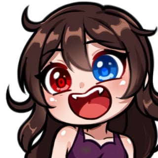  Mictia's emote, high quality, high resolution, highly detailed face, white background, chibi, 1 girl, solo, cute face, kawaii, sexy, twitch, loli, (((sideway))), twitch, short dark brown hair, heterochromia, ((blue eyes, red eyes)), purple dress, (((screaming and happy))),  ((saying HI for the platafform of twitch))