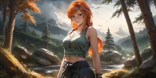 1girl, looks fierce, orange hair, sleeveless_shirt, skirt, full_body, final_fantasy, crossed_arms, brown eyes, brown eyebrows, dark night, dark forest, high contrast, drastic light, hyper detailed, masterpiece, UHD, 8k, Best picture quality, high resolution, 8k, realistic, sharp focus 

,more detail XL,nami