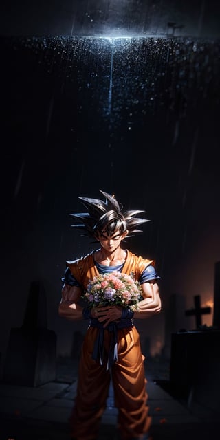 masterpiece, high quality, detailed lighting, son goku, (solo), 1boy, holding a bunch of flower in front of a grave, (best quality), dark background, rain, raining, (good hands), (masterpiece), anatomy, eyes closed, son goku, son goku, Dragon Ball