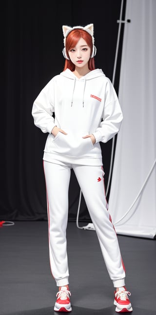 ((masterpiece, best quality)), alluring shy girl, 30 years old, long bright red hair, Korean, (white oversized hoodie), white track pants, knee length, white running shoes, photo studio background, sexy pose, golden body ratio, detailed face, perfect eyes, detailed hands, hands on hips, large breasts, white headset with fluffy cat ears, light background, mix of fantasy and realistic elements,vibrant manga,uhd picture , vibrant artwork,