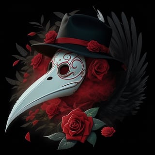 solo, hat, flower, male focus, petals, no humans, black headwear, mask, rose, bird, feathers, black background, red flower, red rose, LogoRedmAF,fantasy00d,wrenchsmechs