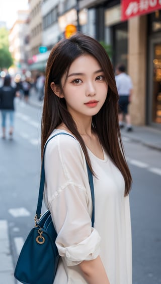 beautiful asian girl in street, professional photography, depth in field, high quality 