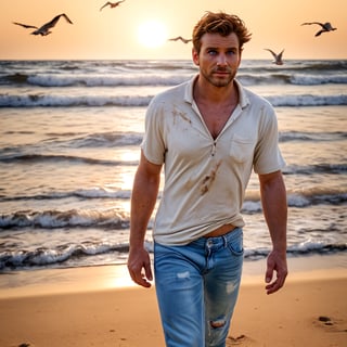 A captivating 30-year-old man strolling along the sun-kissed beach, his chiseled features and bright blue eyes drawing attention as he walks towards the camera. The warm golden light of the setting sun casts a flattering glow on his strong jawline and messy brown hair. He's dressed in casual yet stylish attire, a fitted white shirt and dark jeans, which accentuate his toned physique. The beach's soft sand and gentle waves create a soothing atmosphere, with the distant sound of seagulls adding to the serene ambiance.