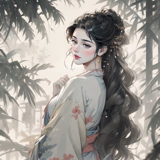 Natural Light, (Best Quality, highly detailed, Masterpiece:1.2), 16k, depth of field, ((wide shot)), (1girl and 1boy), Full body portrait. A lady with long black hair, barefoot, wearing a white strapless kimono, dark green silk thread, and leg rings. She hugged her boyfriend, who was wearing black Hanfu, and kissed her deeply. Transparent watercolor, splash ink rendering, chaos rendering, (beautiful and detailed eyes), (realistic detailed skin texture), (detailed hair), (realistic light and shadow), (clean outline, sketch style line art),ink splash