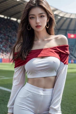 1girl, wearing short soccer fan shirts and crop tops with the image of the (Vietnamese flag),(huge breast), long sleeves, cleavage, brown eyes, jewelry, standing, collarbone, flower, earrings, parted lips, off shoulder, lips, blouse, footbal stadium background, (((super real skin))) /
 soft lighting, Cinematic, (Surrealism: 1.2), (8K UHD: 1.2), (Photorealism: 1.2), Shot with medium format camera, Professional camera, Perfectly Delicate and Rich in Detail, (masterpiece, top quality, best quality, official art, beautiful and aesthetic:1.2), (((1girl))), dynamic pose, extreme detailed, ,crop shirt underboob,Kitagawa marin 