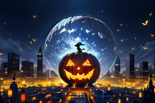 Halloween City, big pumpkin head (size of building, center of the city, Anime, smiling), people dancing(detailed faces), masterpiece, witch flying around the pumpkin (perfect face).