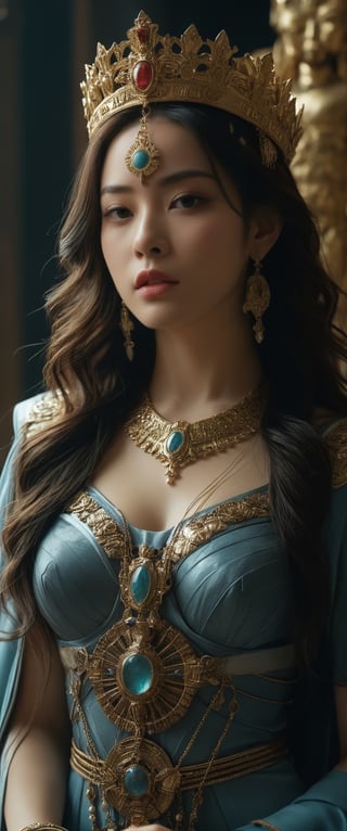 breathtaking ethereal RAW photo of female ((Sumerian Goddess with full regalia, including a majestic crown, an elaborate necklace, a sturdy breastplate, a luxurious robe, bracelets on her wrists and ankles, intricate earrings, and the garment of ladyship.
 )), dark and moody style, perfect face, outstretched perfect hands . masterpiece, professional, award-winning, intricate details, ultra high detailed, 64k, dramatic light, volumetric light, dynamic lighting, Epic, splash art .. ), by james jean $, roby dwi antono $, ross tran $. francis bacon $, michal mraz $, adrian ghenie $, petra cortright $, gerhard richter $, takato yamamoto $, ashley wood, tense atmospheric, , , , sooyaaa,IMGFIX,Comic Book-Style,Movie Aesthetic,action shot,photo r3al,bad quality image,oil painting, cinematic moviemaker style,Japan Vibes,H effect,koh_yunjung ,koh_yunjung,kwon-nara,sooyaaa,colorful,bones,skulls,armor,han-hyoju-xl
,DonMn1ghtm4reXL,hubg_mecha_girl