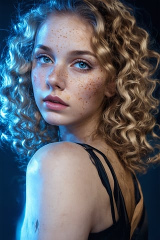 a photo portrait of a beautiful girl with curls and lots of freckles, (dirty blonde hair), (detailed blue eyes), (face portrait:1.5), dramatic light, Rembrandt lighting scheme, (hyperrealism:1.2), (8K UHD:1.2), (photorealistic:1.2), shot with Canon EOS 5D Mark IV, detailed face, detailed hair, modern glasess