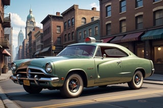 A 1950 version of Dodge Charger, dieselpunk city background, afternoon, retrofuturism,(masterpiece, best quality, ultra detailed), (high resolution, 8K, UHD, HDR)