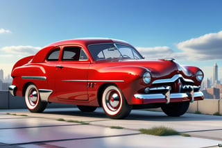 A 1950 Ford Gran Torino, coupe, dieselpunk city background, afternoon, dieselpunk retrofuturism, red and white paint,(masterpiece, best quality, ultra detailed), (high resolution, 8K, UHD, HDR),photorealistic