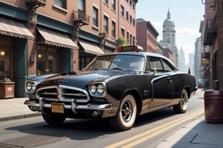 A 1950 version of Dodge Charger, dieselpunk city background, afternoon, retrofuturism, black paint,(masterpiece, best quality, ultra detailed), (high resolution, 8K, UHD, HDR)