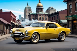 A 1950 version of Chevrolet Camaro, dieselpunk city background, High Quality, masterpiece, High definition