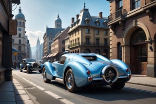 A 1950 Bugatti hypercar, dieselpunk city background, afternoon, dieselpunk retrofuturism, blue paint,(masterpiece, best quality, ultra detailed), (high resolution, 8K, UHD, HDR),photorealistic