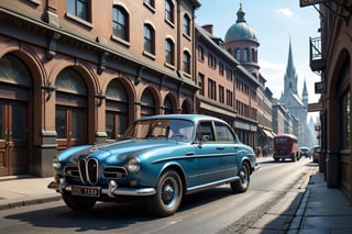 A 1950 version of BMW M5, dieselpunk city background, afternoon, dieselpunk retrofuturism, blue paint,(masterpiece, best quality, ultra detailed), (high resolution, 8K, UHD, HDR),photorealistic