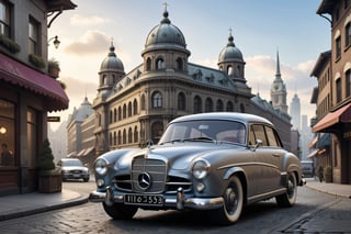 A 1950 version of Mercedes Benz C63 AMG, dieselpunk city background, afternoon, dieselpunk retrofuturism, grey paint,(masterpiece, best quality, ultra detailed), (high resolution, 8K, UHD, HDR),photorealistic