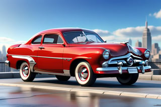 A 1950 Ford Gran Torino GT, coupe, dieselpunk city background, afternoon, dieselpunk retrofuturism, red and white paint,(masterpiece, best quality, ultra detailed), (high resolution, 8K, UHD, HDR),photorealistic