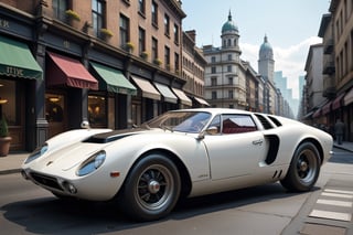 A 1950 Lamborghini supercar, dieselpunk city background, afternoon, dieselpunk retrofuturism, white paint,(masterpiece, best quality, ultra detailed), (high resolution, 8K, UHD, HDR),photorealistic