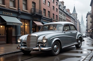 A 1950 version of Mercedes Benz C63 AMG, dieselpunk city background, afternoon, dieselpunk retrofuturism, grey paint,(masterpiece, best quality, ultra detailed), (high resolution, 8K, UHD, HDR),photorealistic